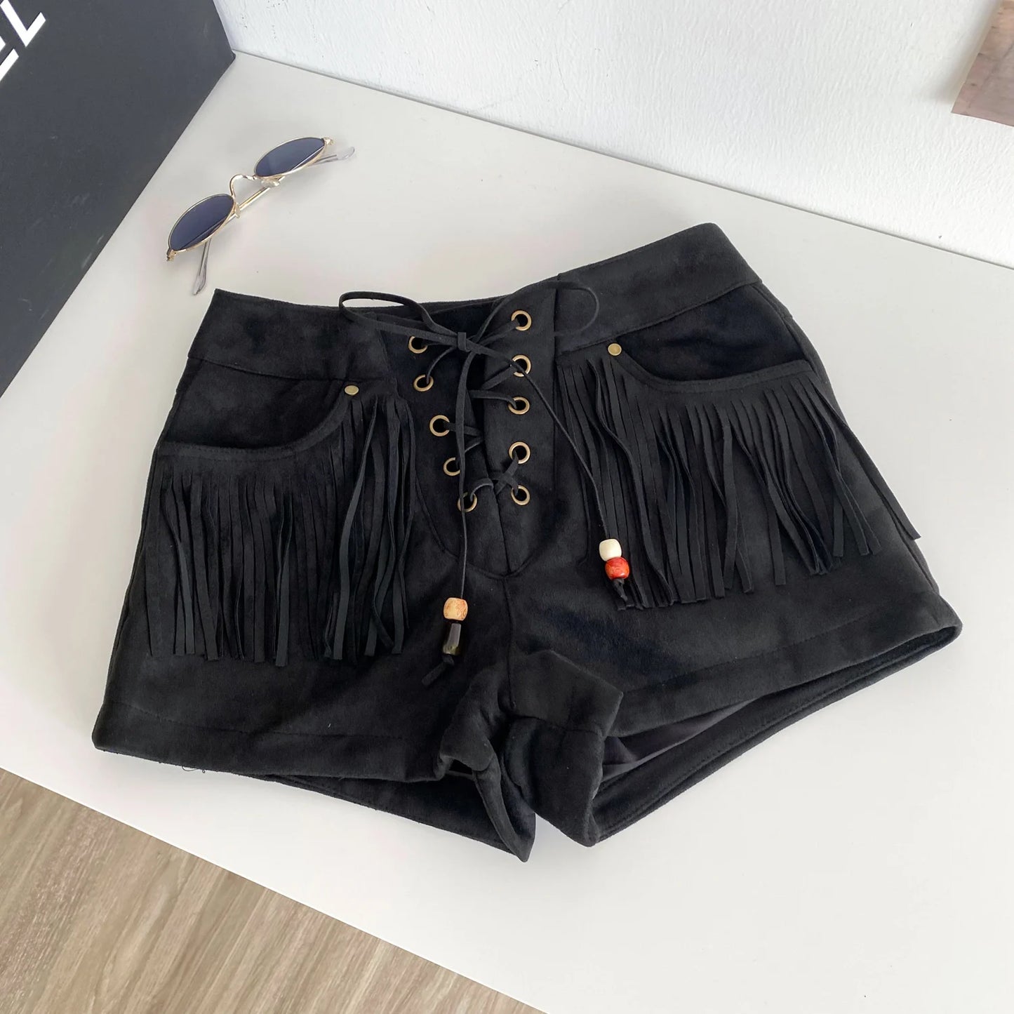 UNIKCOSA Women’s Autumn Tassel Shorts – 2025 High-Waist Vintage Wide-Leg Printed Pants (Outdoor Chic Edition)