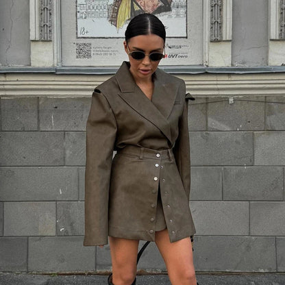 UNIKCOSA Women’s PU Leather Streetwear Set – 2-Piece Jacket & Skirt Suit (Spring/Autumn 2025 Edition)