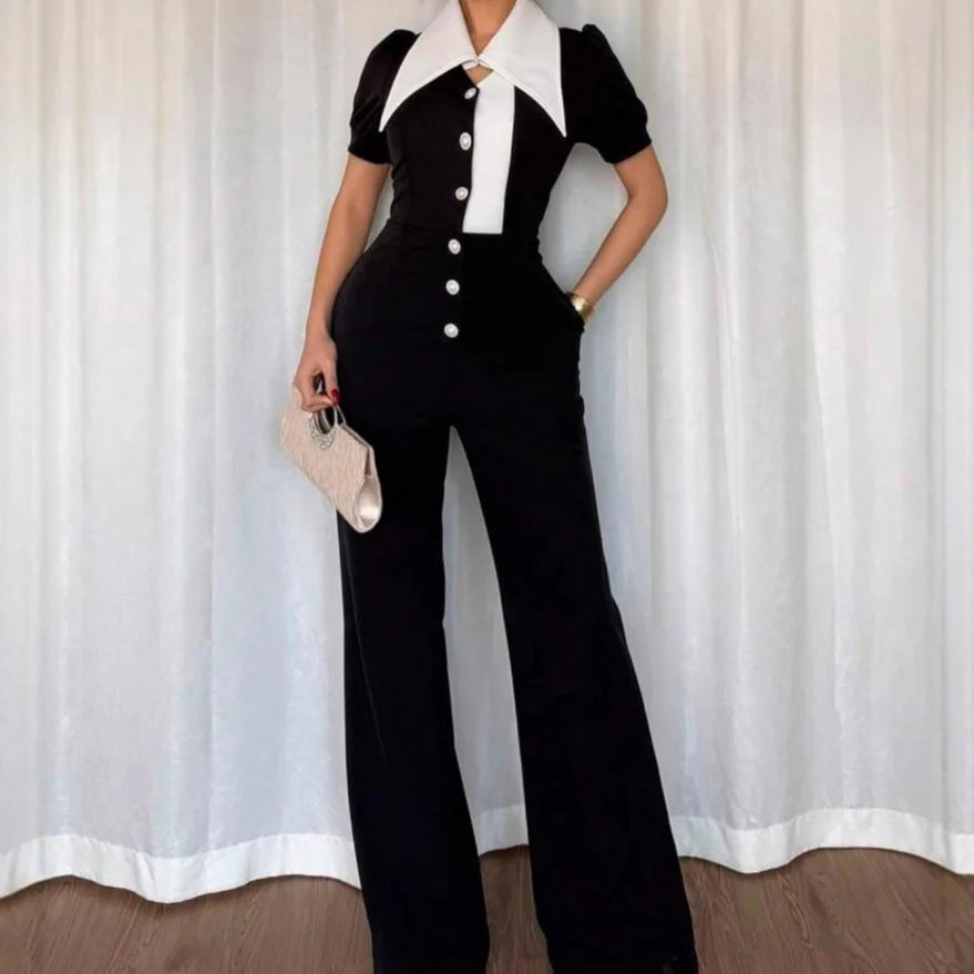 Women's Unique Patchwork Short Sleeve Collared Button-Up Jumpsuit