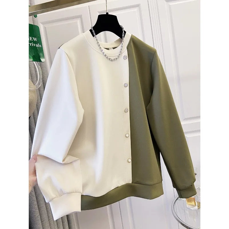 Stylish Apricot Casual Round-Neck Patchwork Hoodie for Women Autumn