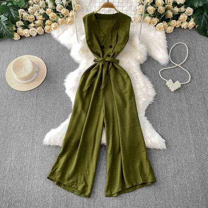 UNIKCOSA Women’s Summer Jumpsuit – V-Neck Sleeveless High-Waist Wide-Leg One-Piece (Casual Chic Edition)