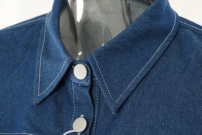 UNIKCOSA Women’s Denim Blazer Jacket – Pleated Striped Cut Short Coat with Metal Round Buckle (Summer Fashion Edition)