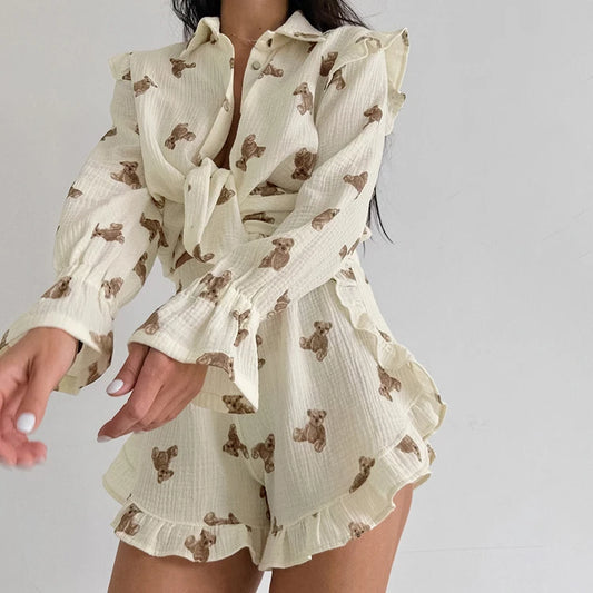 UNIKCOSA Women’s Ruffled Pajama Set – Crepe Cotton Printed Blouse & Shorts 2-Piece Outfit (Summer/Fall 2025 Edition)
