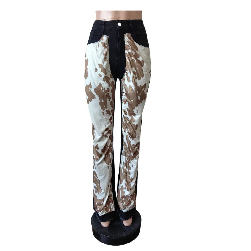 Hot Stretch Flare Denim Pants for Women – High‑Waist Printed Trousers