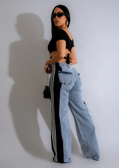 UNIKCOSA Women’s Palazzo Wide-Leg Jeans – High-Waist Retro Loose Fit Denim with Three Stripe Detail (Streetwear Edition)