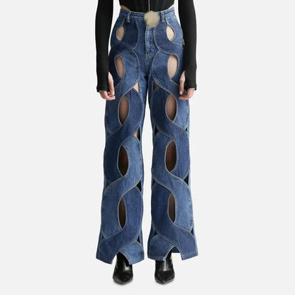 UNIKCOSA Women’s Hollow-Out Strap Jeans – High-Waist Patchwork Wide-Leg Denim Pants (Street Chic Edition)