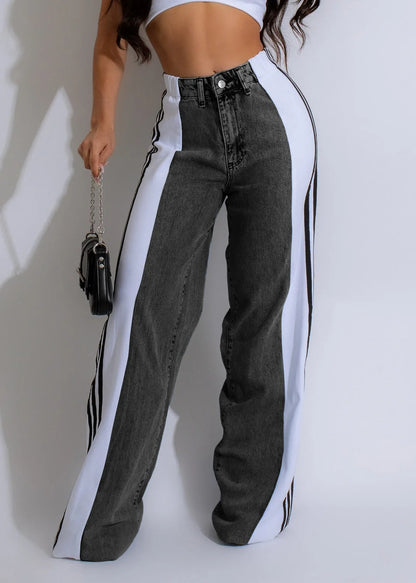 UNIKCOSA Women’s Palazzo Wide-Leg Jeans – High-Waist Retro Loose Fit Denim with Three Stripe Detail (Streetwear Edition)