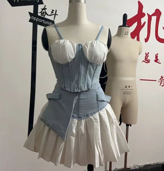 Light Blue Summer Spaghetti Top & Denim Patchwork Skirt Set