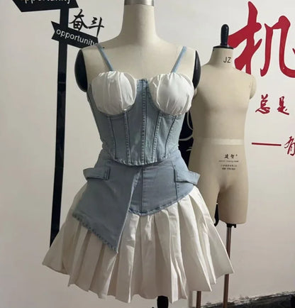 Light Blue Summer Spaghetti Top & Denim Patchwork Skirt Set