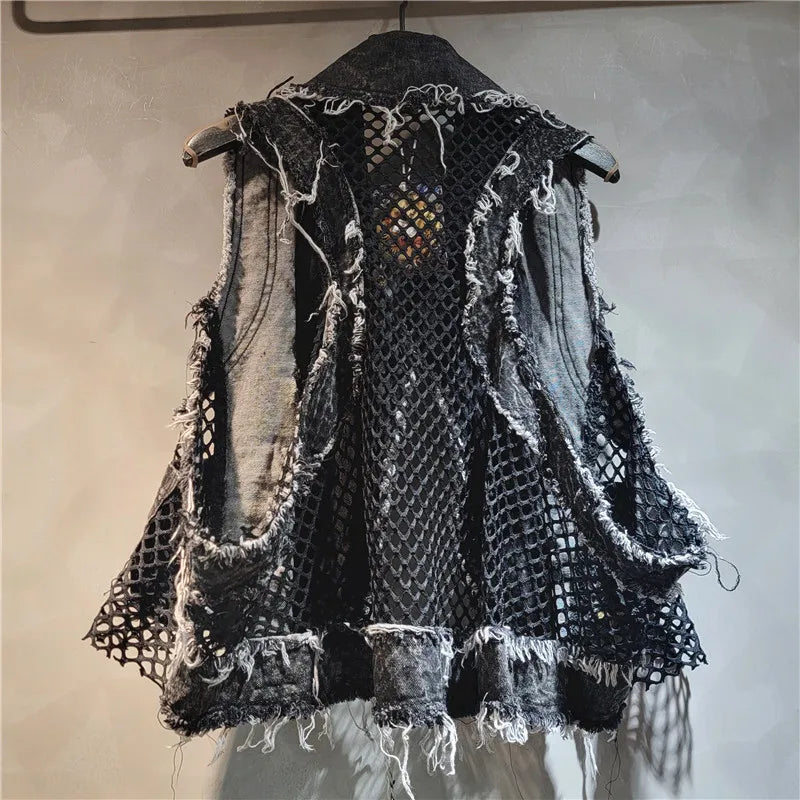 Women's Mesh Splicing Denim Vest with Waterproof Breathable Design
