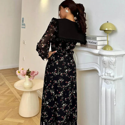 UNIKCOSA Women’s Black Floral Chiffon Dress – Peter Pan Collar Buttoned Long Sleeve Elegant Short Dress (Summer/Autumn 2025 Edition)