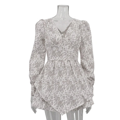 UNIKCOSA Women’s Floral V-Neck Dress – High Waist Long Sleeve Short Dress with Back Zip (Summer 2025 Edition)