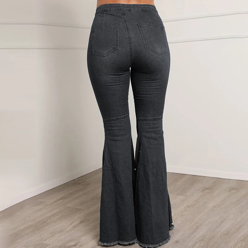 UNIKCOSA Women’s Beaded Bell-Bottom Jeans – Elastic High-Waist Wide-Leg Denim (Wholesale Edition)