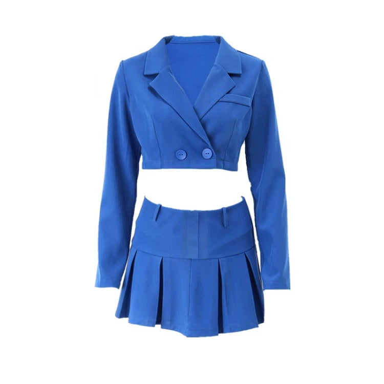 UNIKCOSA Women’s Blazer & Skirt Set – High Street Two-Piece Office Outfit with Long Sleeve Blazer & High-Waist Pleated Mini Skirt (Pink/Blue Edition)