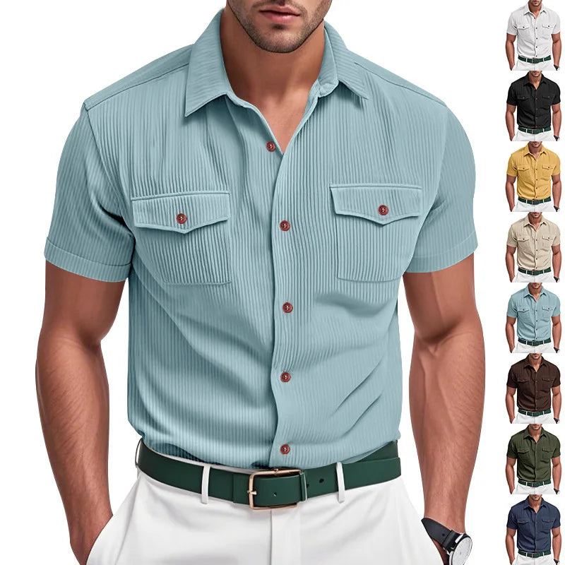 Men's Casual Corduroy Short Sleeve Cargo Shirt Loose Fit