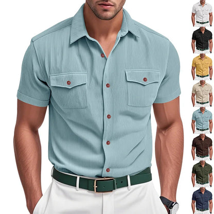 Men's Casual Corduroy Short Sleeve Cargo Shirt Loose Fit