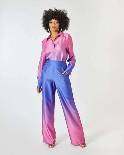 UNIKCOSA Women’s Gradient Print Two-Piece Set – Long Sleeve Shirt & Wide-Leg Pants Casual Outfit (2025 Edition)