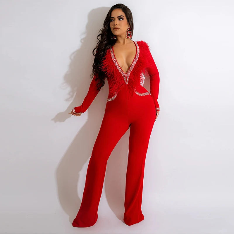 UNIKCOSA Women’s V-Neck Jumpsuit – Solid Color Long Sleeve Straight-Leg One-Piece Romper ( Work & Casual Edition)