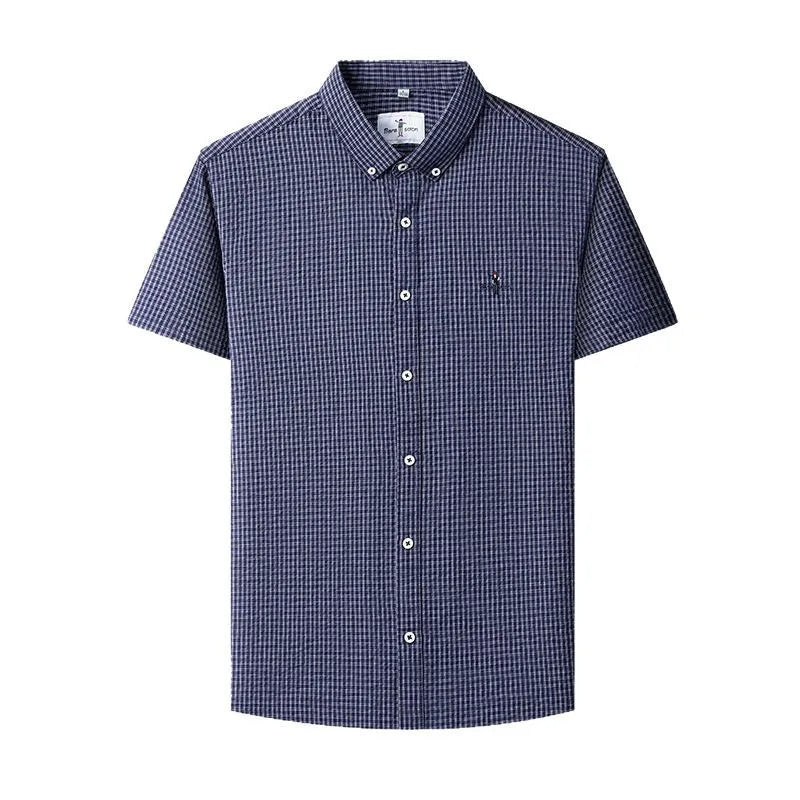 Men's Business Dress Shirt with Stand-Up Collar Plaid Short Sleeve Summer Style