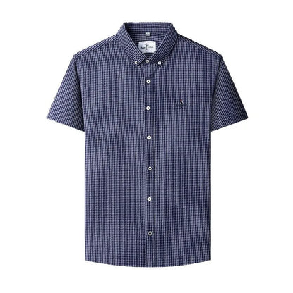 Men's Business Dress Shirt with Stand-Up Collar Plaid Short Sleeve Summer Style