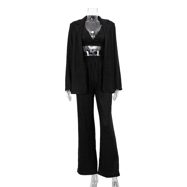 UNIKCOSA Women’s Sequin 3-Piece Club Set – Blazer, Crop Top & Wide-Leg Pants Outfit (Sexy Party 2025 Edition)