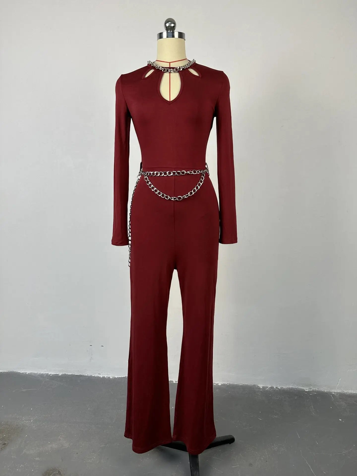 UNIKCOSA Velora Jumpsuit Wine Red O Neck Slim Fit Flared 💫