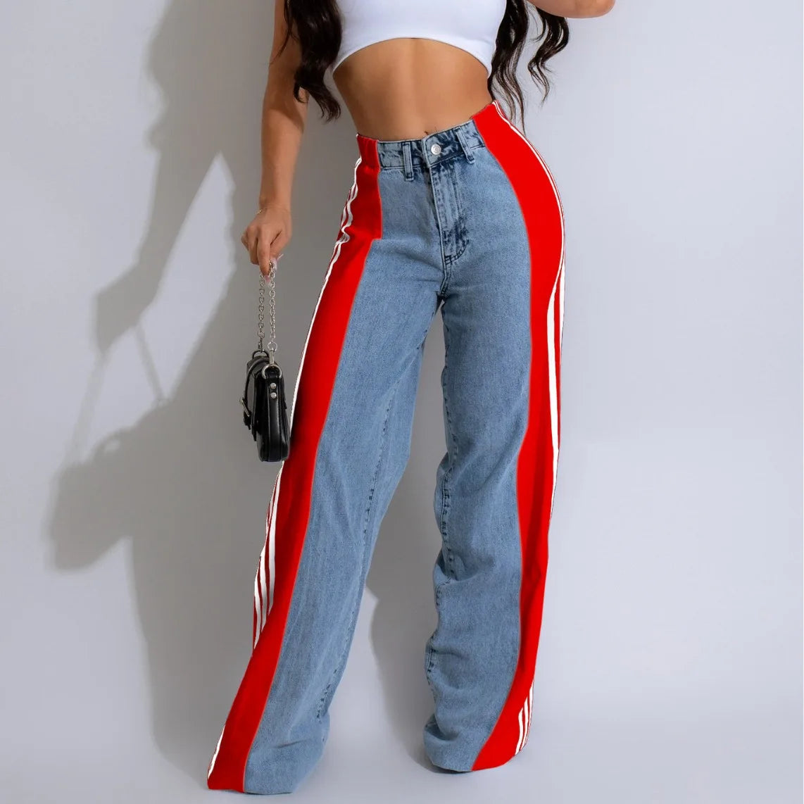 UNIKCOSA Women’s Palazzo Wide-Leg Jeans – High-Waist Retro Loose Fit Denim with Three Stripe Detail (Streetwear Edition)