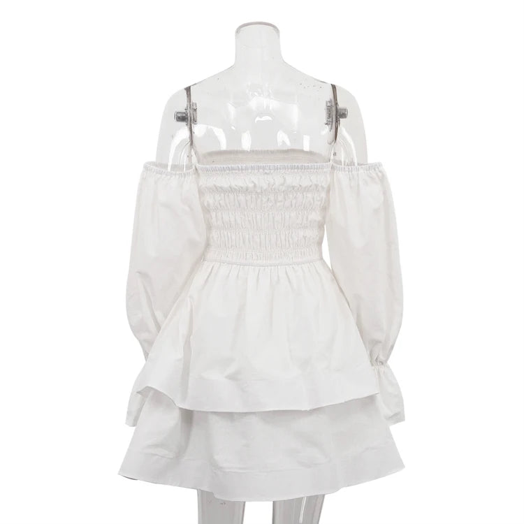UNIKCOSA Women’s Off-Shoulder Pleated Dress – White Cotton Layered Tube Dress with Long Sleeves (Summer 2025 Edition)