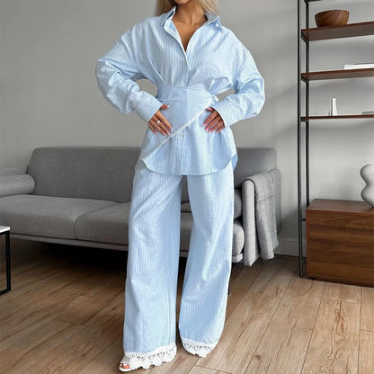 UNIKCOSA Women’s 3-Piece Lounge Set – Striped Wrap Shirt, Pants & Lace Trim Cami Pajamas (Fall 2025 Edition)