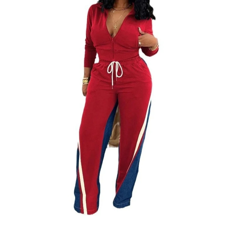 Women's Summer Denim Patchwork Shorts & Long Sleeve Top Set