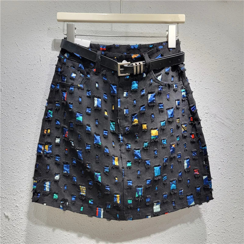 Slim A-line Burnout Color Block Denim Women's Skirt