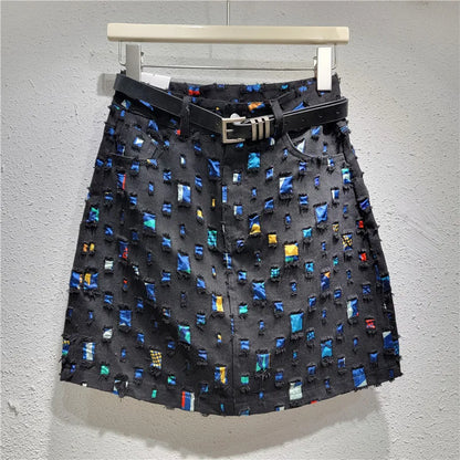 Slim A-line Burnout Color Block Denim Women's Skirt