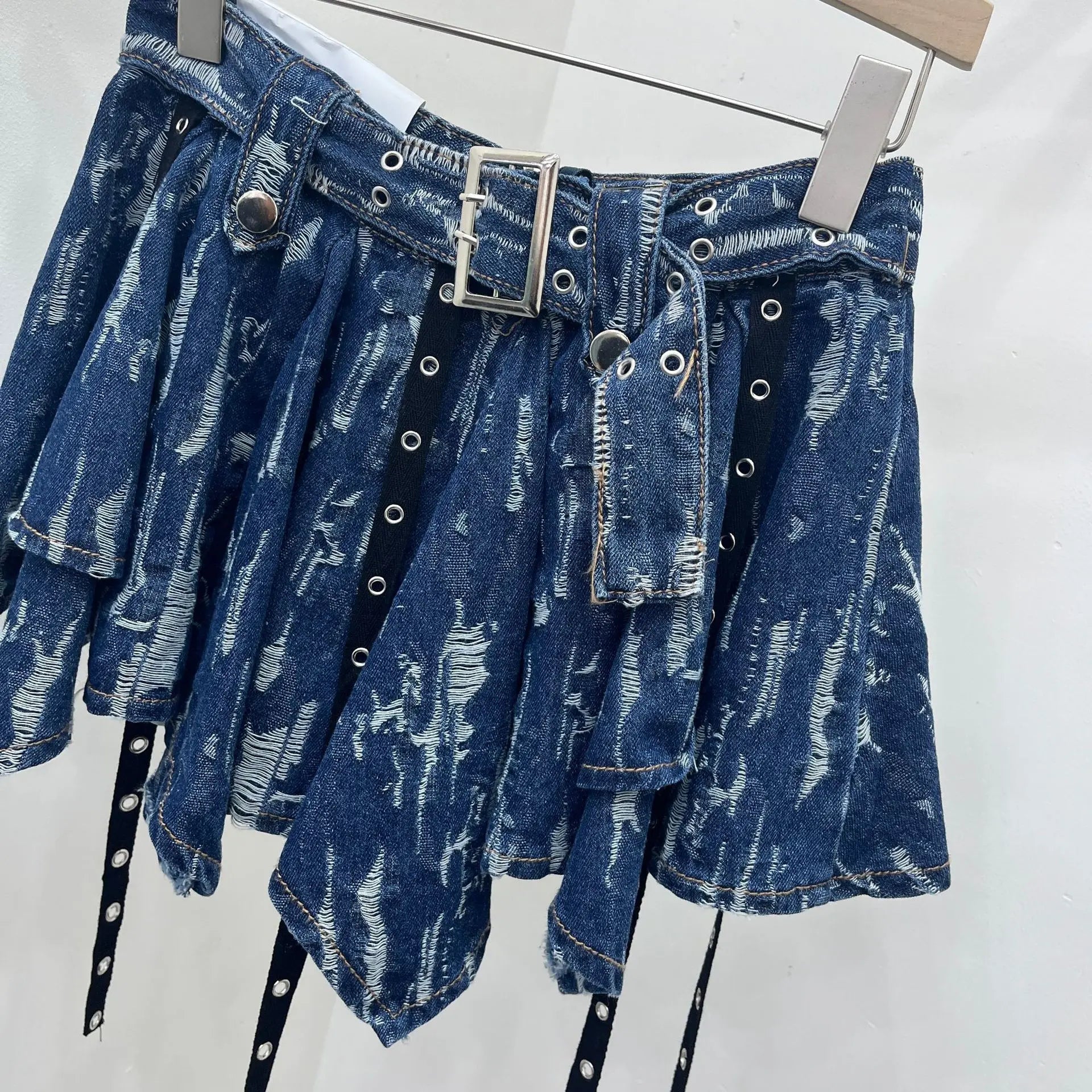 Women's Denim Flutter Belt Irregular Pleated Short Skirt