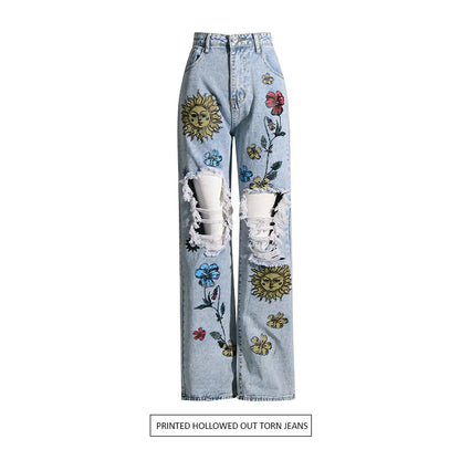 UNIKCOSA Women’s Vintage Washed Jeans – High-Waist Straight Denim with Hollow-Out Sun & Flower Print Design