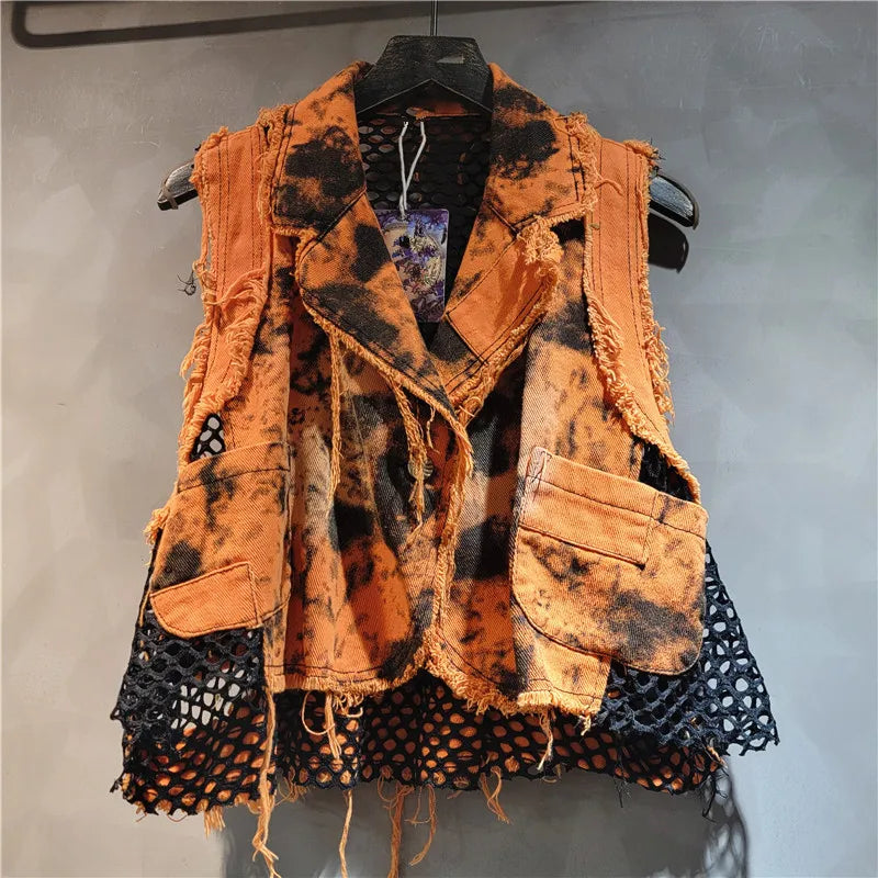 Women's Mesh Splicing Denim Vest with Waterproof Breathable Design