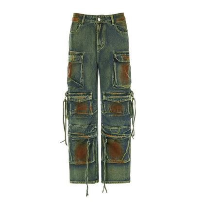 UNIKCOSA Women’s Tie-Dye Cargo Jeans – High-Waist Gradient Denim Pants with 3D Patchwork Pockets (Streetwear Edition)