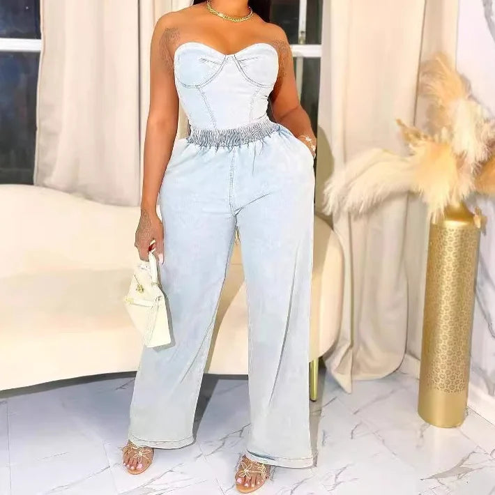 Light Blue Sleeveless Denim Sheath Top & Pants 2‑Piece Set