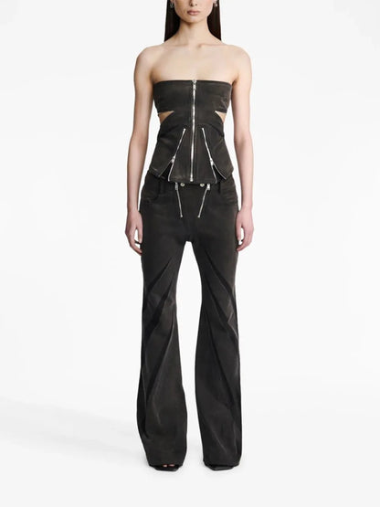 UNIKCOSA Women’s Denim Two-Piece Set – Color Block Zipper Tube Top & Flare Jeans (Casual Sexy Edition)