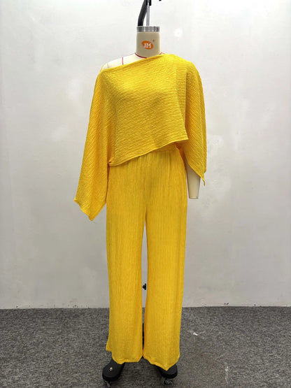 Women's Asymmetrical Shoulder Top with Long Pants Casual 2-Piece Set