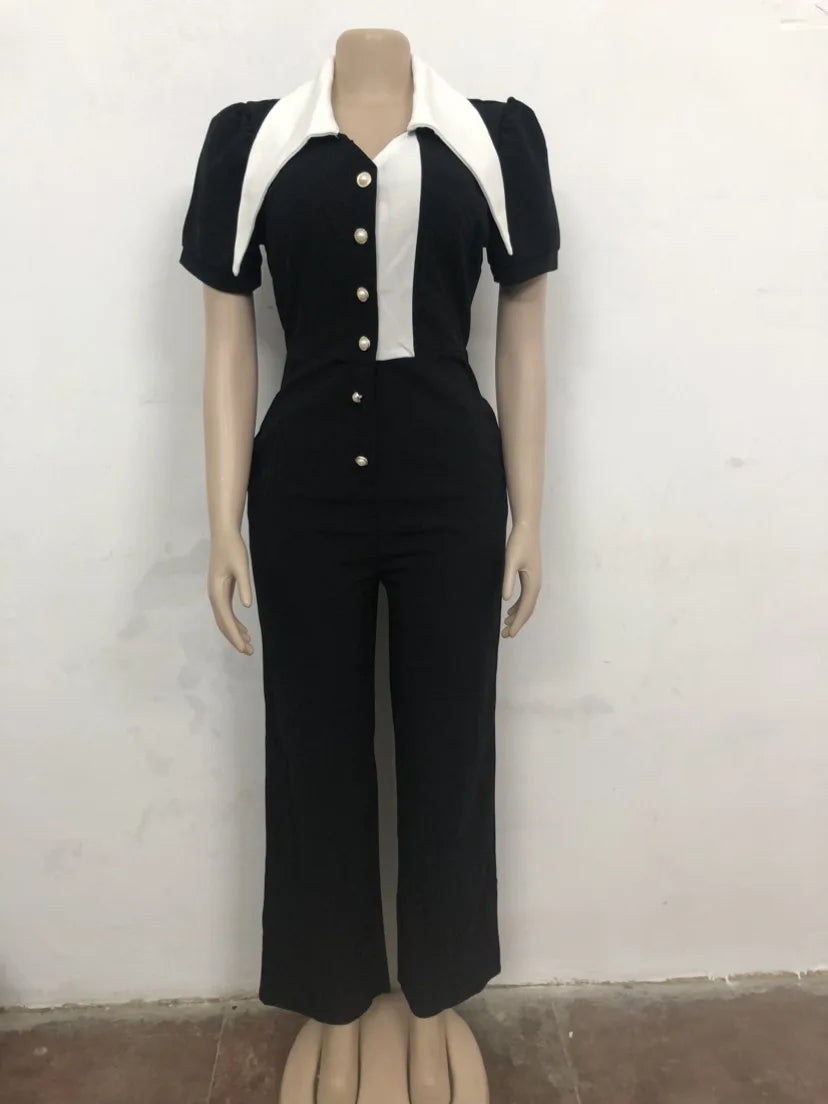 Women's Unique Patchwork Short Sleeve Collared Button-Up Jumpsuit