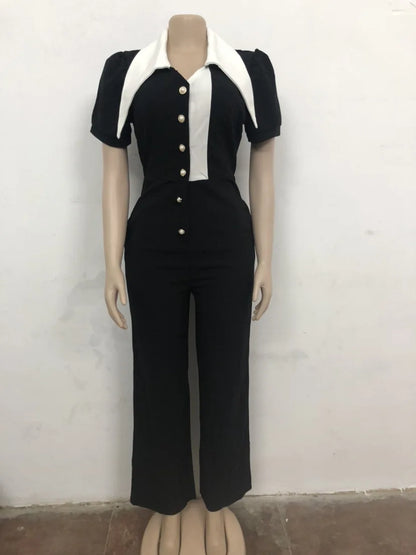 Women's Unique Patchwork Short Sleeve Collared Button-Up Jumpsuit