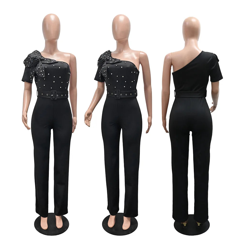 Elegant Rhinestone Slash Neck Short Sleeve Women’s Jumpsuit with Belt