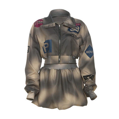 UNIKCOSA Women’s Printed Jacket & Skirt Set – Zipper Short Jacket with Matching Mini Skirt (Fall 2025 Streetwear Edition)