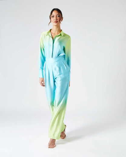 UNIKCOSA Women’s Gradient Print Two-Piece Set – Long Sleeve Shirt & Wide-Leg Pants Casual Outfit (2025 Edition)