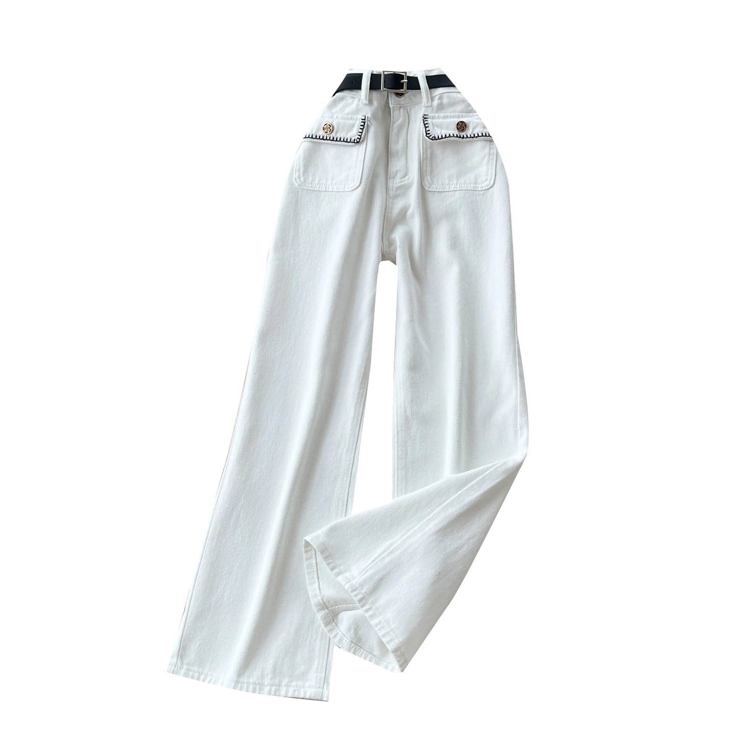 UNIKCOSA Women’s Summer Vintage Jeans – High-Waist Embroidered Long Denim Pants with Sash Belt (Outdoor Chic Edition)