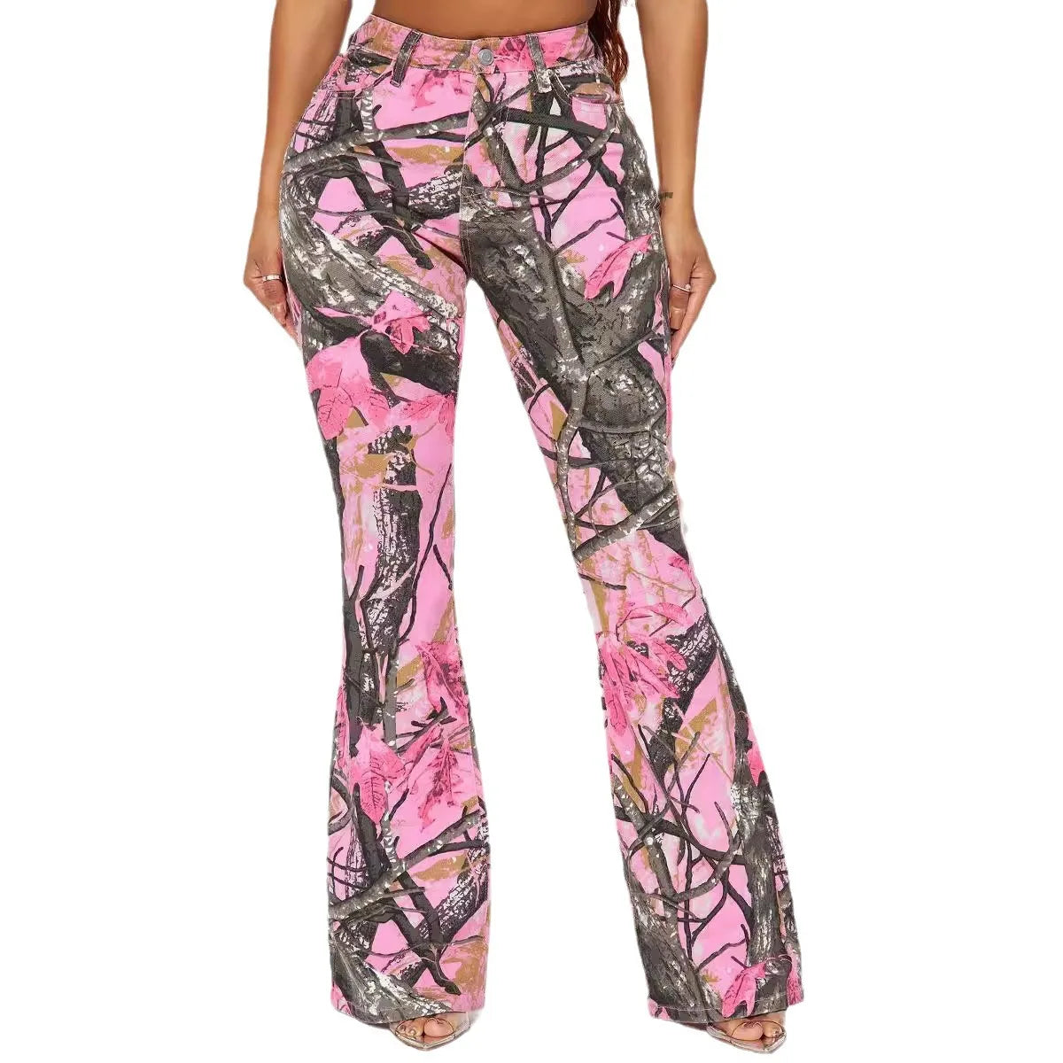 Pink Camouflage High‑Waisted Slim‑Fit Flared Pants for Women