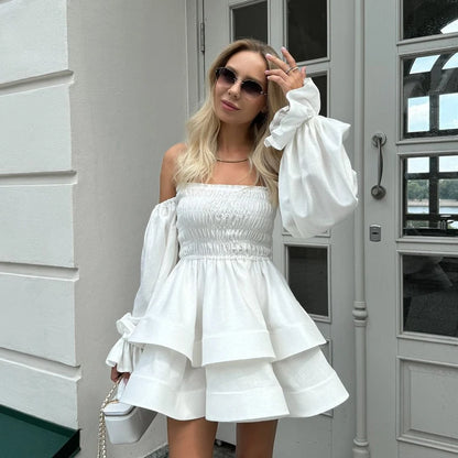 UNIKCOSA Women’s Off-Shoulder Pleated Dress – White Cotton Layered Tube Dress with Long Sleeves (Summer 2025 Edition)