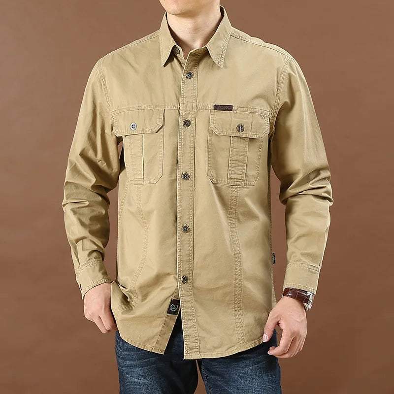UNIKCOSA Men’s Casual Work Shirt – Loose-Fit Long Sleeve Solid Color Pocket Shirt (Autumn Large-Size Edition)