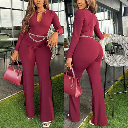 UNIKCOSA Velora Jumpsuit Wine Red O Neck Slim Fit Flared 💫