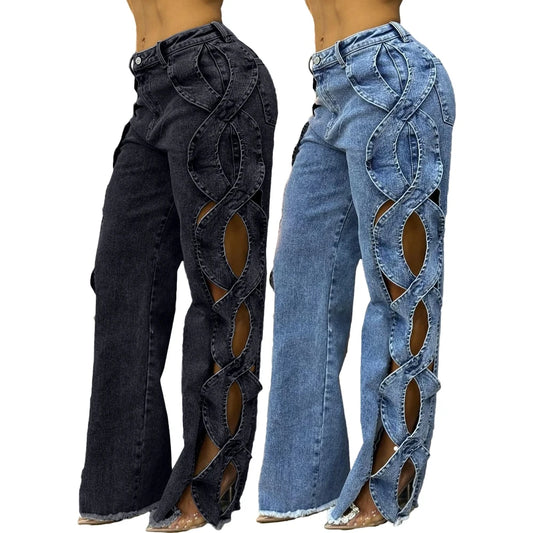 Women's Side Hollow S Line Denim Patchwork Pants